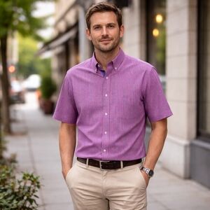 Eterna Purple Pink Checkered Button-Up Polo Shirt Short Sleeve | Large